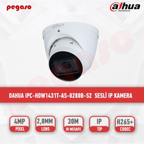 DAHUA IPC-HDW1431T-AS-0280B-S2 4MP 2.8MM SESLİ DOME IP KAMERA